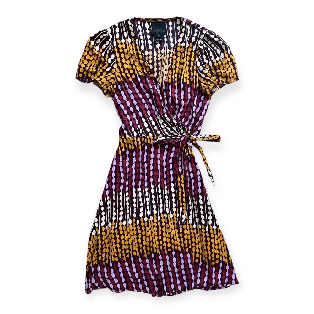 RARE Anna Sui x Anthropologie Silk Blend Wrap Graphic Print Dress, sz 2